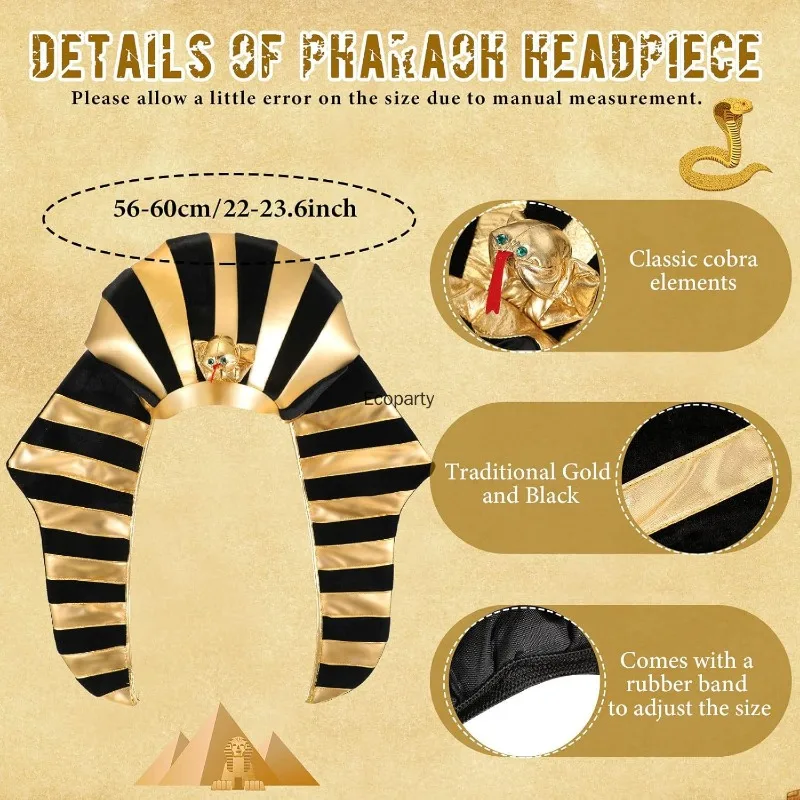 Nowe Akcesoria Faraona Zestaw Akcesoriów do Kostiumu w Egipskim Stylu Złoto-Czarne Paski Nakrycie Głowy Kołnierz, Pas i Mankiety dla Dorosłych