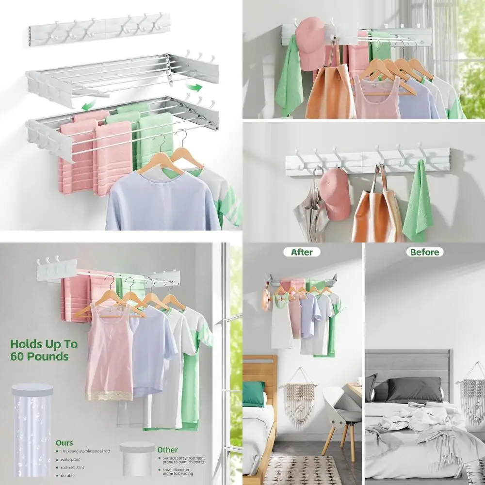 

Space-Saving 40 Collapsible Wall-Mounted Clothes Drying Rack with 6 Hooks & 5 Hanging Rods for Small Spaces