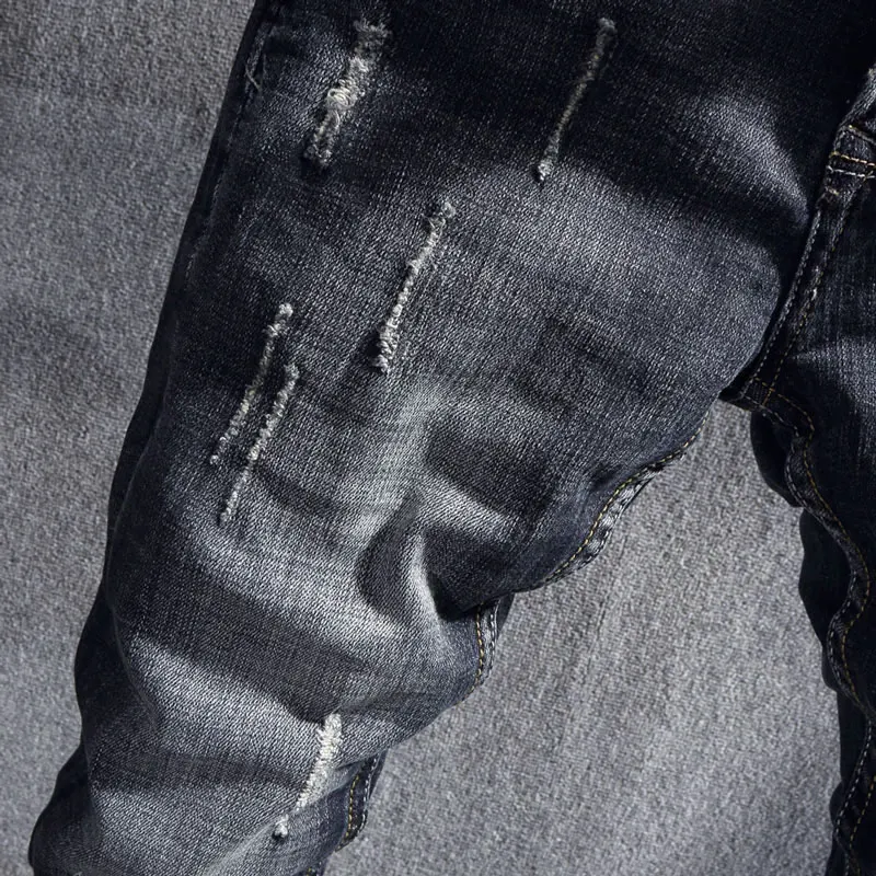 Fashion Designer Men Jeans Retro Black Blue Stretch Slim Fit Ripped Jeans Men Hole Trousers Vintage Casual Denim Pants Hombre