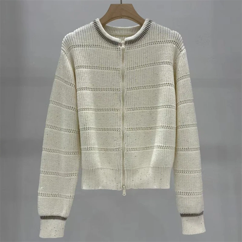 

Cardigan for women New elastic knitted slim fit long sleeved top for autumn 2025 Sequin blended round neck Women's sweater y2k