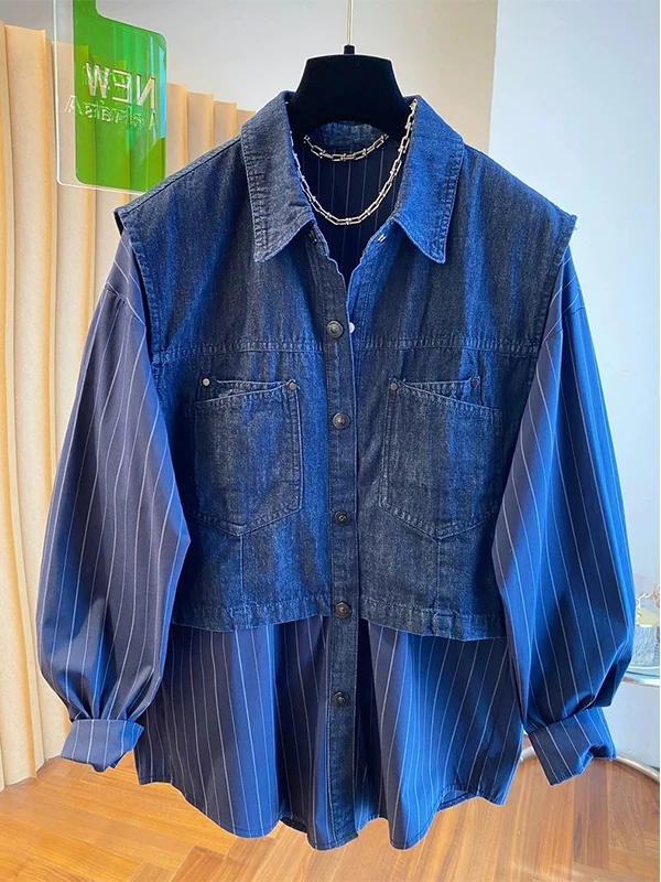 

Мужская повседневная джинсовая одежда в полоску большого размера, уникальная осенняя одежда из двух предметов с длинным откидным воротником све, на пуговицах