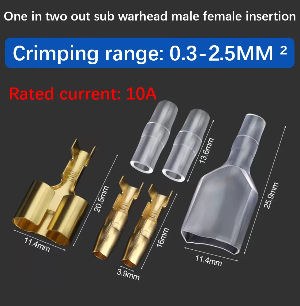 60/120/300pcs 10/20/50 Set Terminals 4.0 Double Bullet Terminal Car Electrical Wire Connector Diameter 4mm 1:2 Crimp Terminals