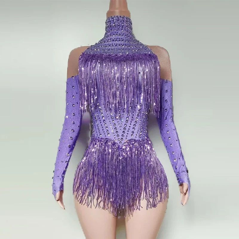 

Drag Queen Outfit Purple Rhinestones Fringed Bodysuit Women Pole Dance Clothing Bar DS DJ Stage Gogo Costume Rave Wear