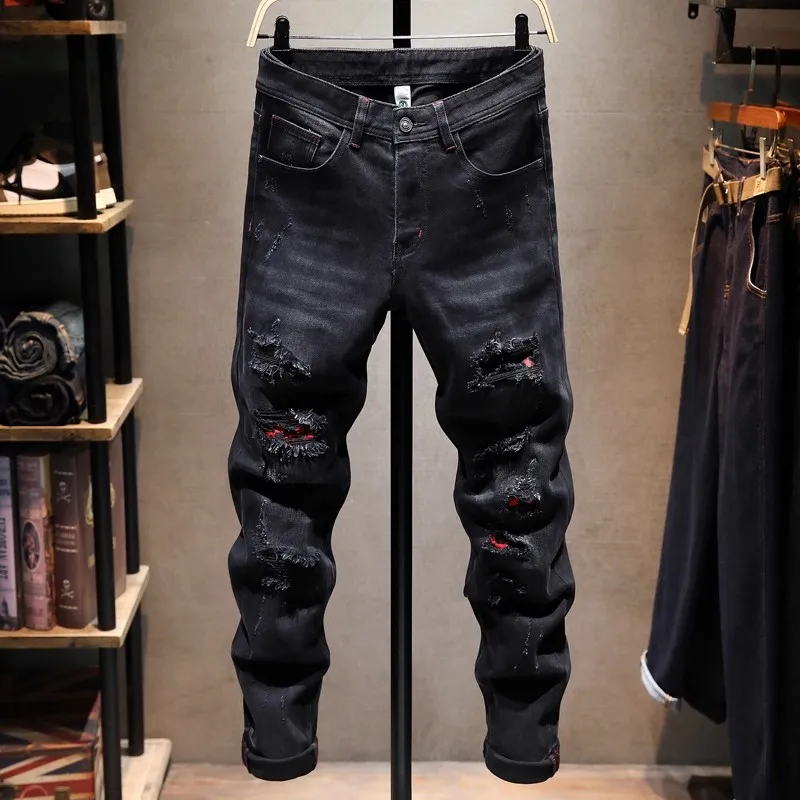 

Street Designer Fashion Men Jeans Retro Black Gray Stretch Slim Fit Patched Ripped Jeans Men Hip Hop Vintage Denim Pants Hombre