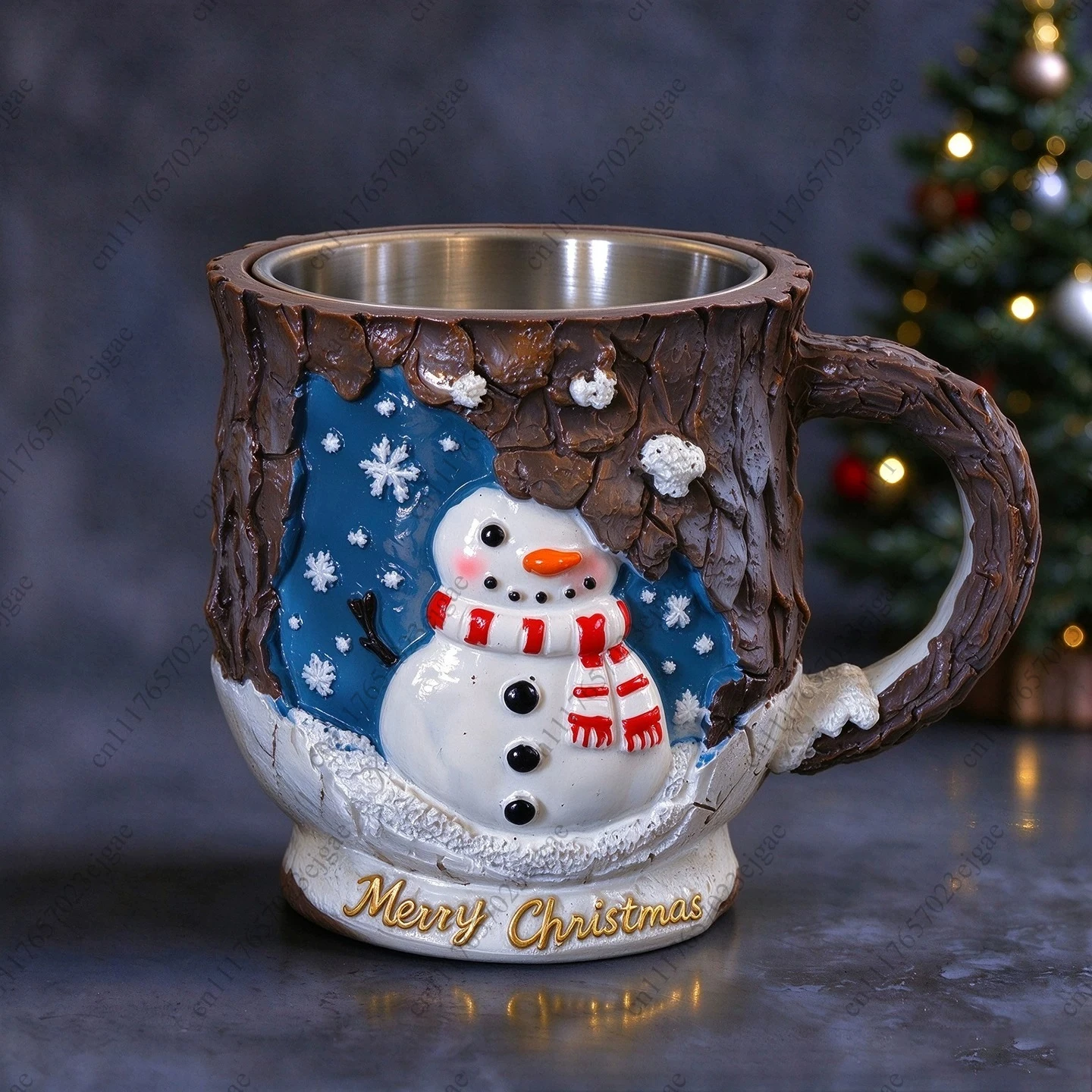 160ML Christmas-themed Outer Resin+Inner Stainless Steel Mug Decoration Creative 3D Relief Pattern Christmas Coffee Cup Ornament