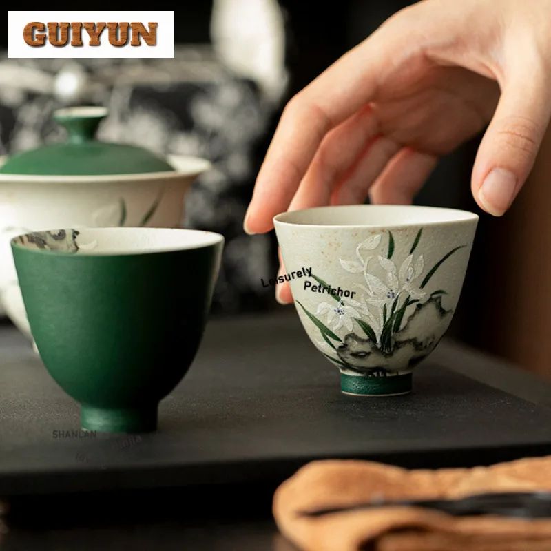

2pc/lot Hand-painted Orchid Teacup Ancient Tea Bowl Set Of Cups Tea-tasting Fragrance Cup Chazhan Master Cups Tea Items 60ml