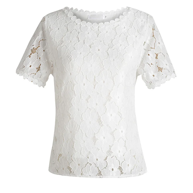 New Fashion Summer Short Sleeve Blouse Lace Women\'s Tops Sweet O-neck Clothing Elegant Shirt White Hollow Out D710