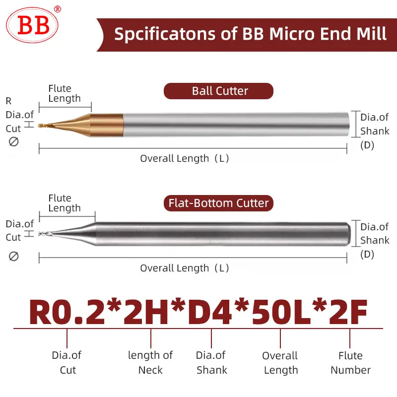 BB Micro End Mill Mini Flat Ball Nose Milling Cutter 2F CNC Precision Machining Steel Copper Aluminum Hard Steel 0.1mm~0.9mm