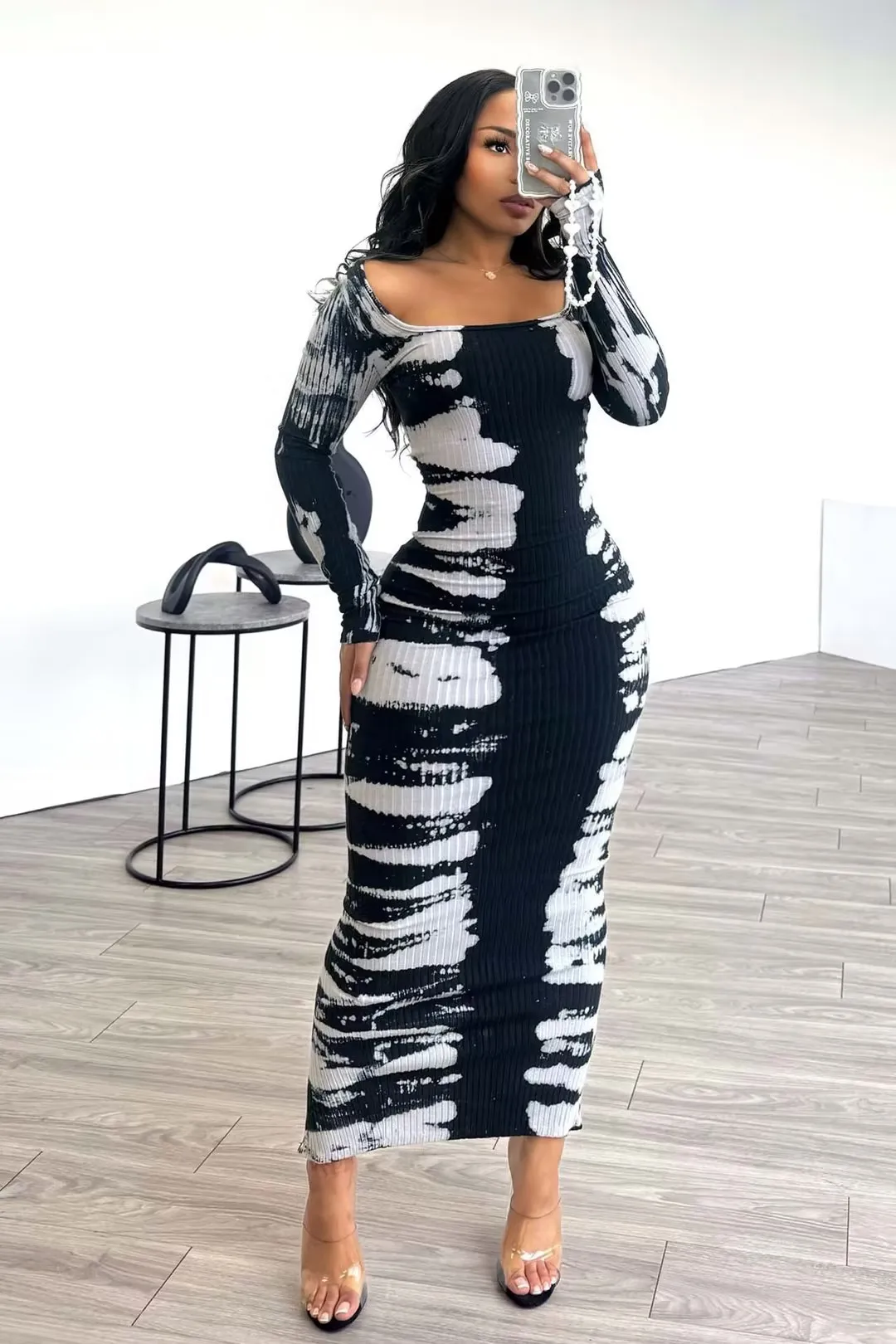 New 2024 Spring O-neck Women Long Sleeve Long Maxi Dress Elastic Print Sexy Party Night Club Birthday Bodycon Street Dresses