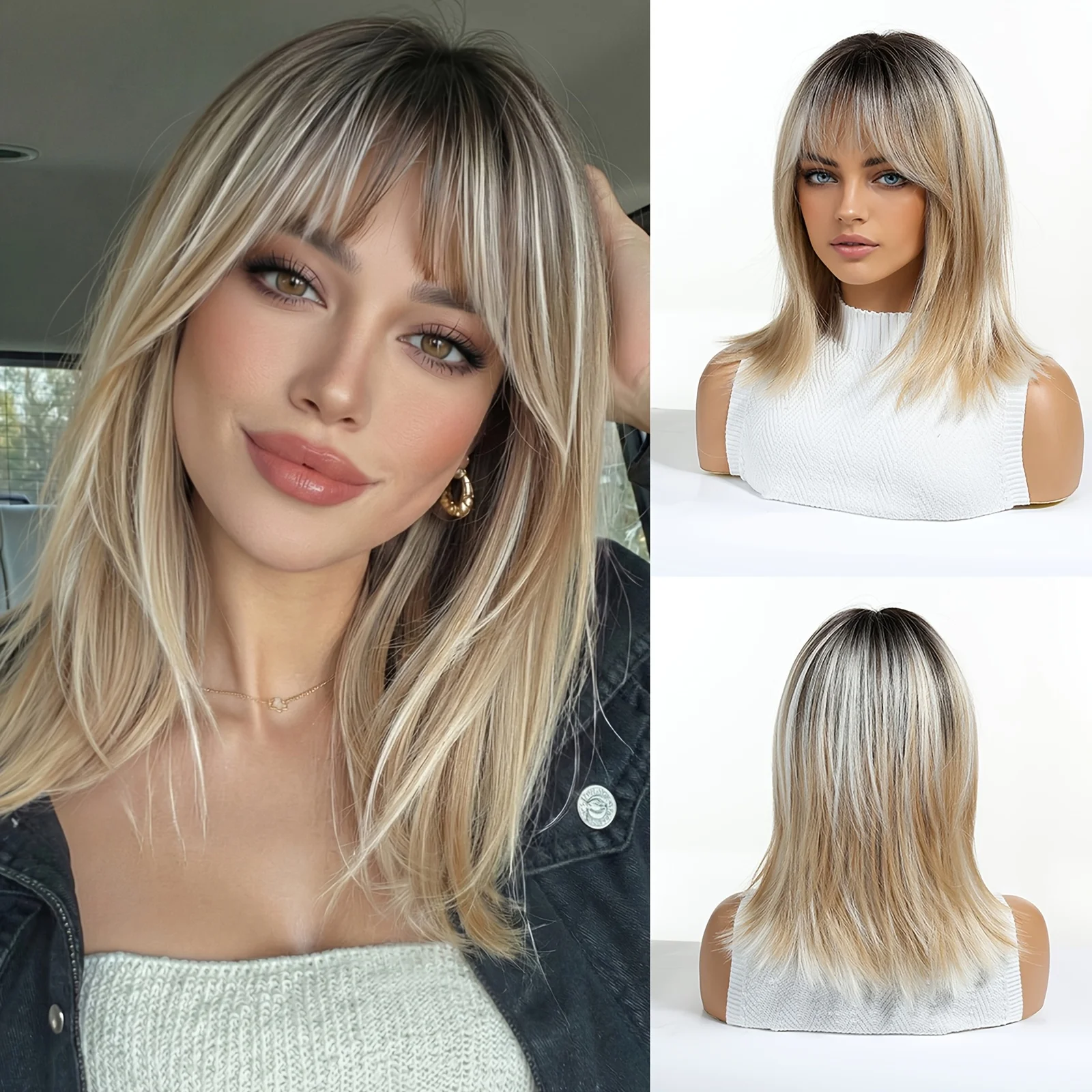 16-inch Women's Light Platinum Blonde Ombre Bob Wig with Dark Roots, Heat-Resistant Synthetic Fiber