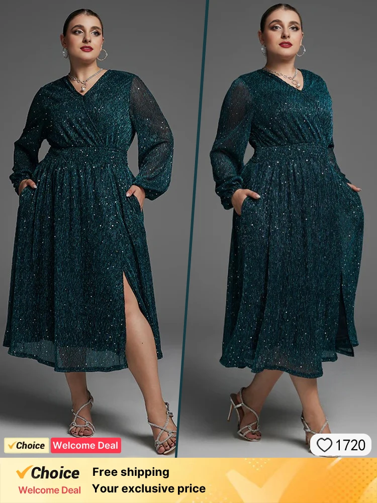 

Plus size green chiffon women's dress, fashionable and sexy women's party evening dress, elegant V-neck sequin exclusive dress