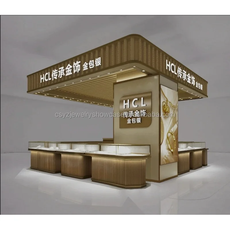custom.New Style Gold OEM Jewelry Watch Kiosk Furniture Display Showcase Customized Design Tempered Glass LED Lighting Eco-Frien
