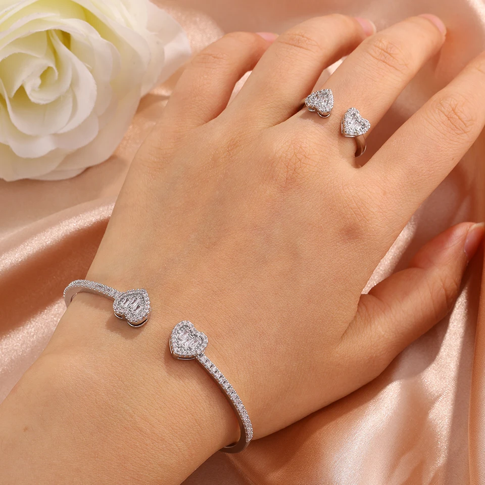 Yupsk 4-teiliges modisches Herz-Design-Armband-Ring-Set aus glänzendem Zirkon-Kupfer für Frauen, exquisiter, wunderschöner Schmuck für Hochzeiten und Partys – Detail 8