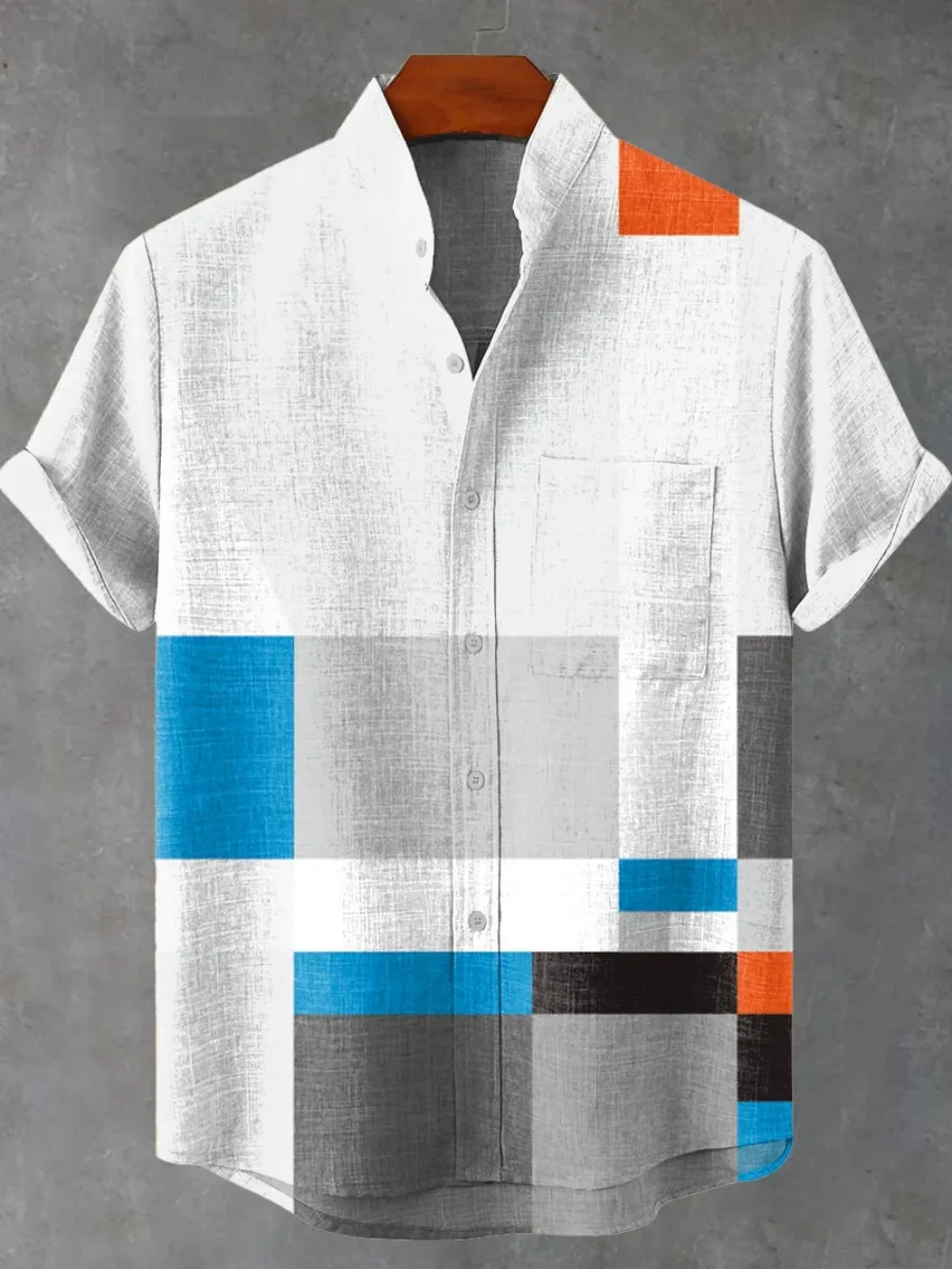 Men's Fashionable Stand-Up Collar Linen Shirt Short Sleeve Button-Up Plus Size Casual Breathable Streetwear