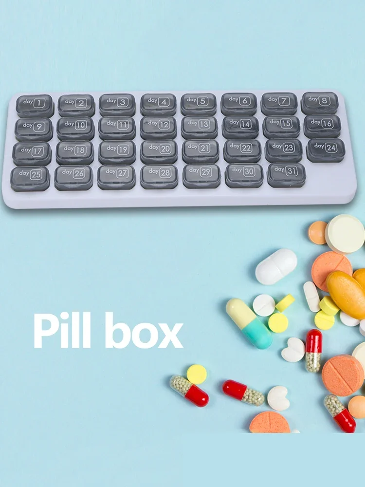 Dispenser di pillole mensile da 31 giorni Scatola portapillole portatile Custodia per medicinali a forma di tastiera per pillole di olio di fegato di merluzzo e vitamine