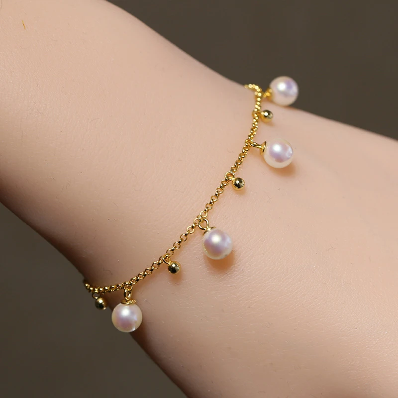 MeiBaPJ 5.5-6mm Round Natural Freshwater Pearl Simple Bracelet for Women 925 Silver Fashion Empty Tray Charm Wedding Jewelry