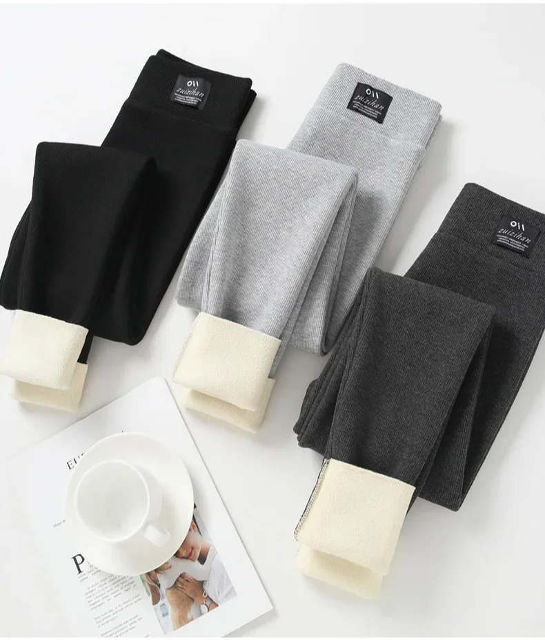 Winter-Leggings, dicke Thermohose, hoch taillierte Leggings, Damen-Leggings mit Gewinde, bequeme Stretch-Leggings, schwarz, dünn – Detail 8