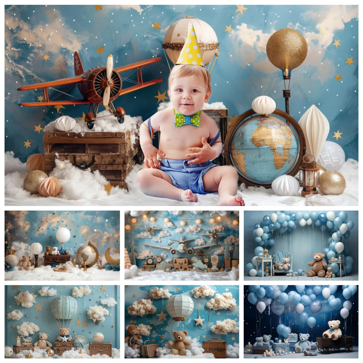 

Baby Boys Birthday Decorations Backdrop Blue Wall Hot Air Balloons Teddy Bear Kids Portrait Baby Shower Photograpy Background