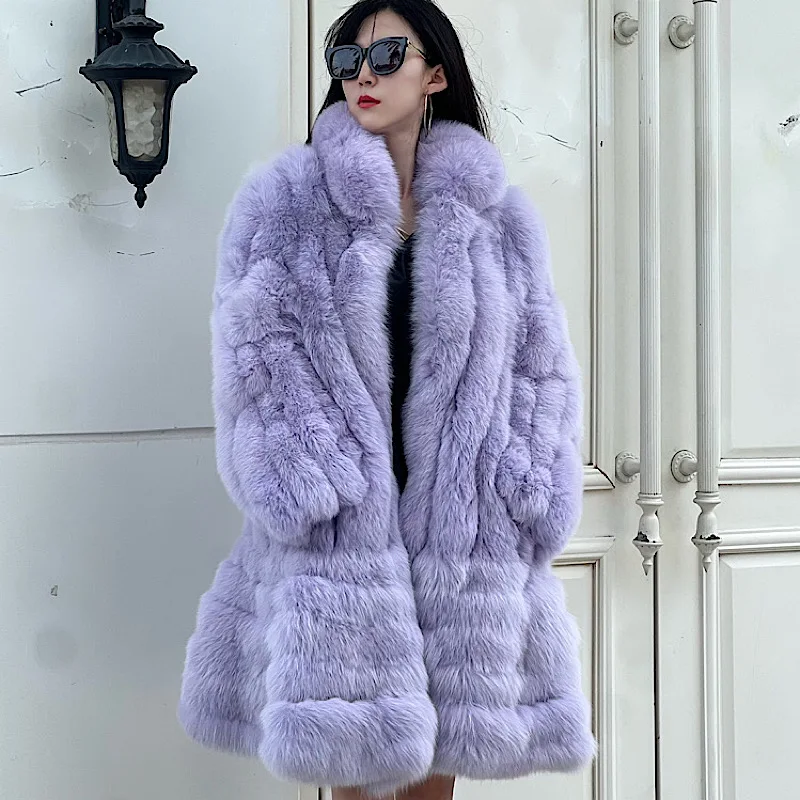 

202 New Winter Stand Collar Fox Fur Coat Women's Long Coat High quality Fashion Natural Real fur Jacket