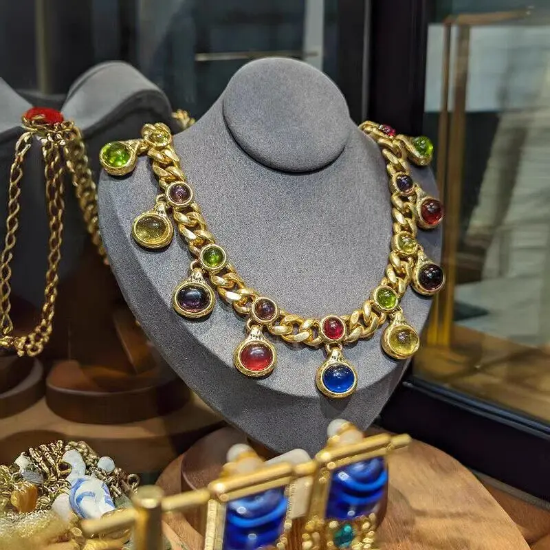 

Винтажное высококачественное роскошное ожерелье из позолоченной латуни с цветным стеклом, женские европейские украшения