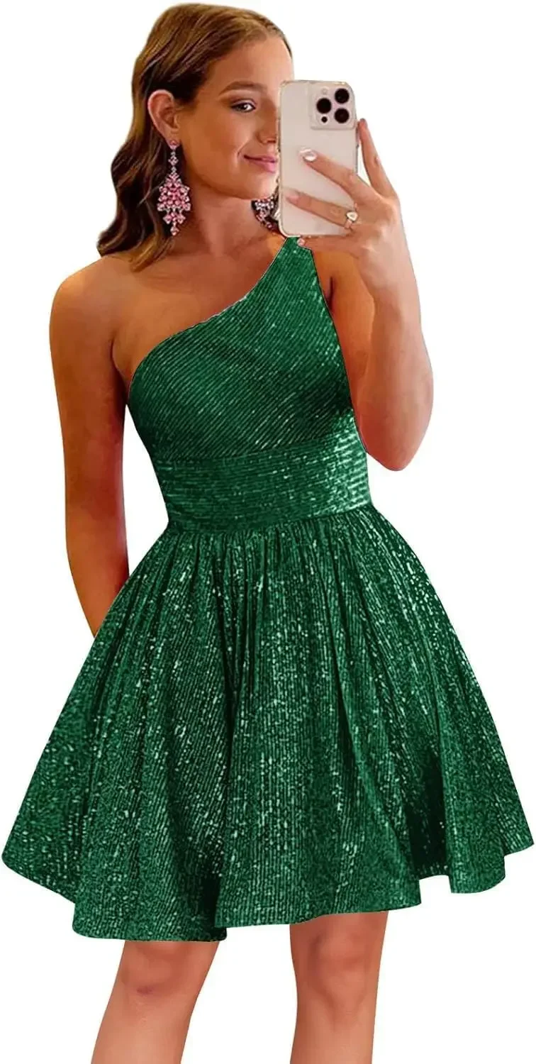 Evening Sparkly One Shoulder Homecoming Dresses Short Prom Dress Sequin Mini Cocktail Party Dress for Women and Girls