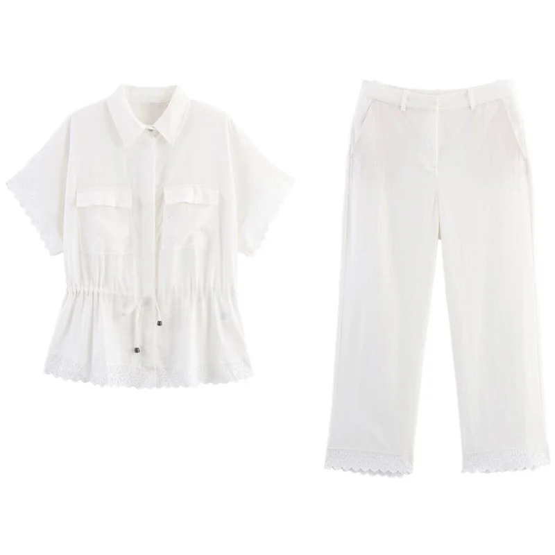 ชุดเซ็ตสองชิ้น เสื้อคอปกแต่งลูกไม้ กางเกงขายาวเอวสูง แฟชั่นผู้หญิง ฤดูใบไม้ร่วง 2025 เหมาะสำหรับใส่ไปทำงาน