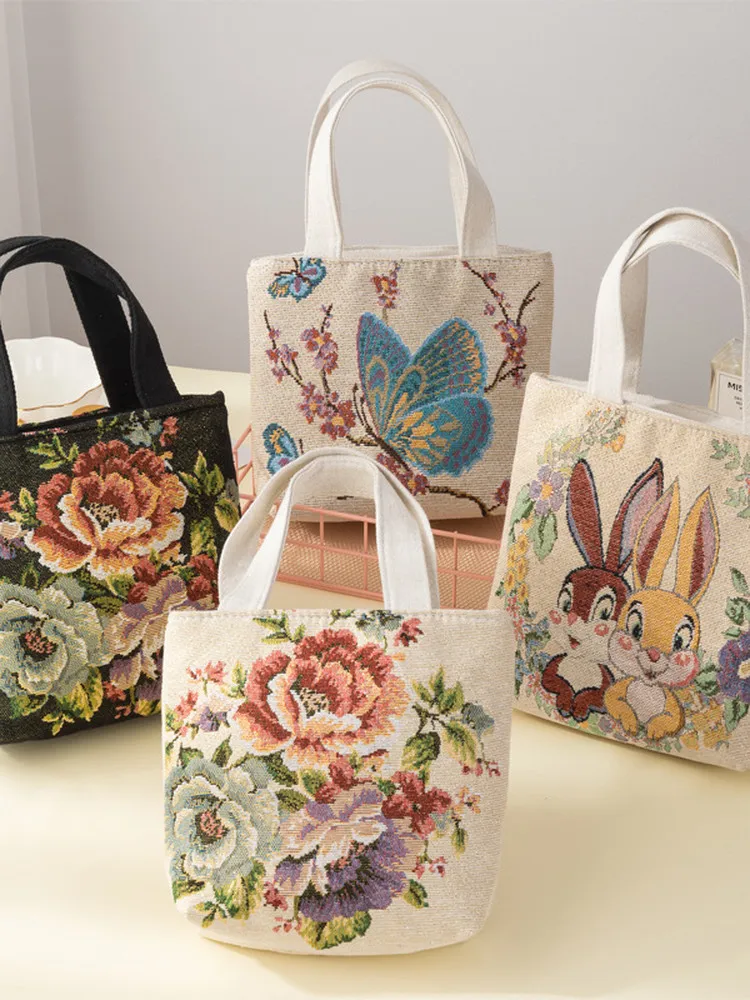 

Новая холщовая сумка с вышивкой, повседневная рабочая сумка, с цветочным узором, на молнии, среднего размера, с мягкой ручкой, сумка-тоут, корейская модная сумка