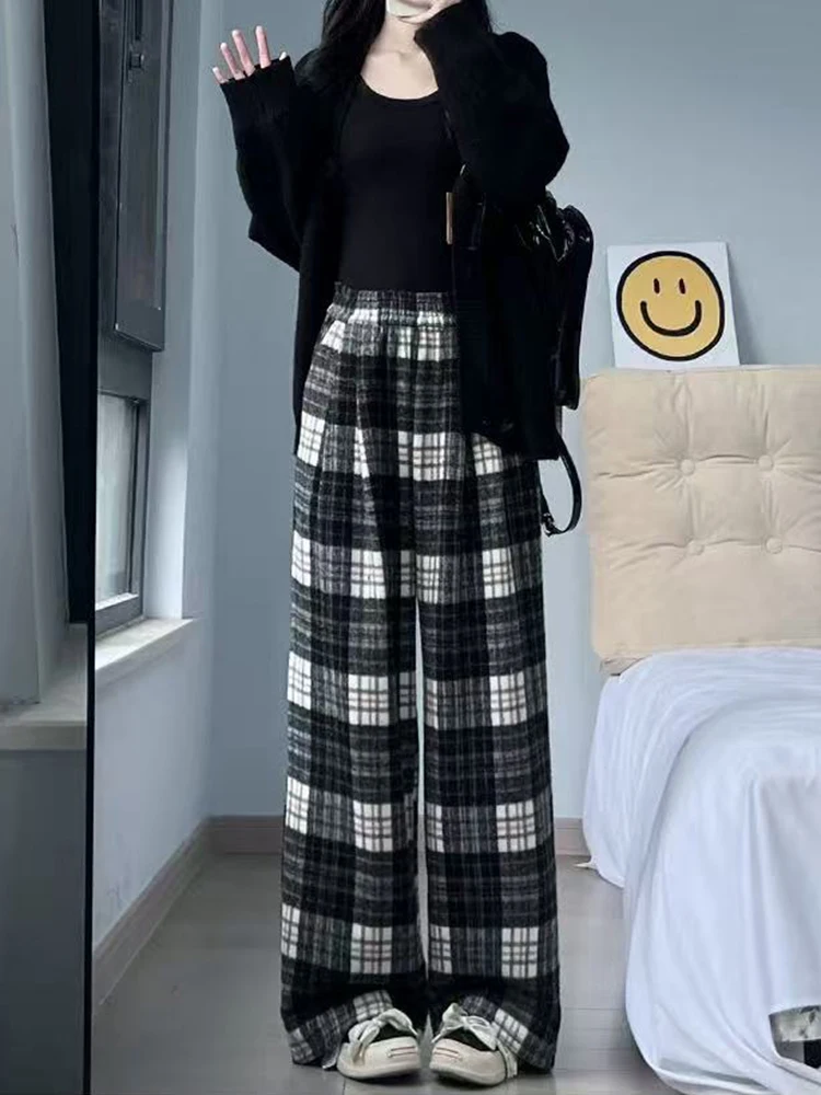 Retro xadrez de lã do falso calças largas perna feminina inverno grosso cintura alta solta calças casuais y2k streetwear todos os jogos misturados