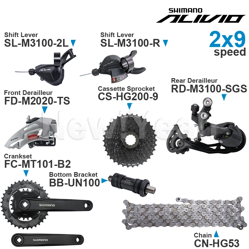SHIMANO ALIVIO M3100 2x9 speed Groupset with Shifter REAR and M2020 Front DERAILLEUR HG200 HG201 Cassette Sprocket COG Chains