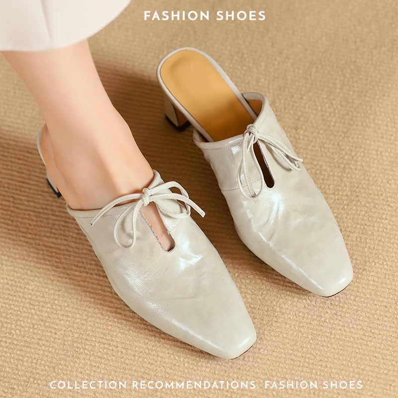 2023 sommer Frauen Schuhe Aus Echtem Schaffell Leder Hausschuhe Frauen Bedeckte Zehe Dicke High Heels Party Kleid Maultiere Damen Sandalen