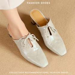 2025 Summer Women Shoes Genuine Sheepskin Leather Slippers Women Covered Toe Thick High Heels Party Dress Mules Ladies Sandals