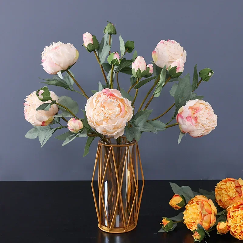 High Quality Simulation 3 Head Bud Core Peony Silk Home Living Room Dining Table Wedding Decoration Fake Artificial Flower