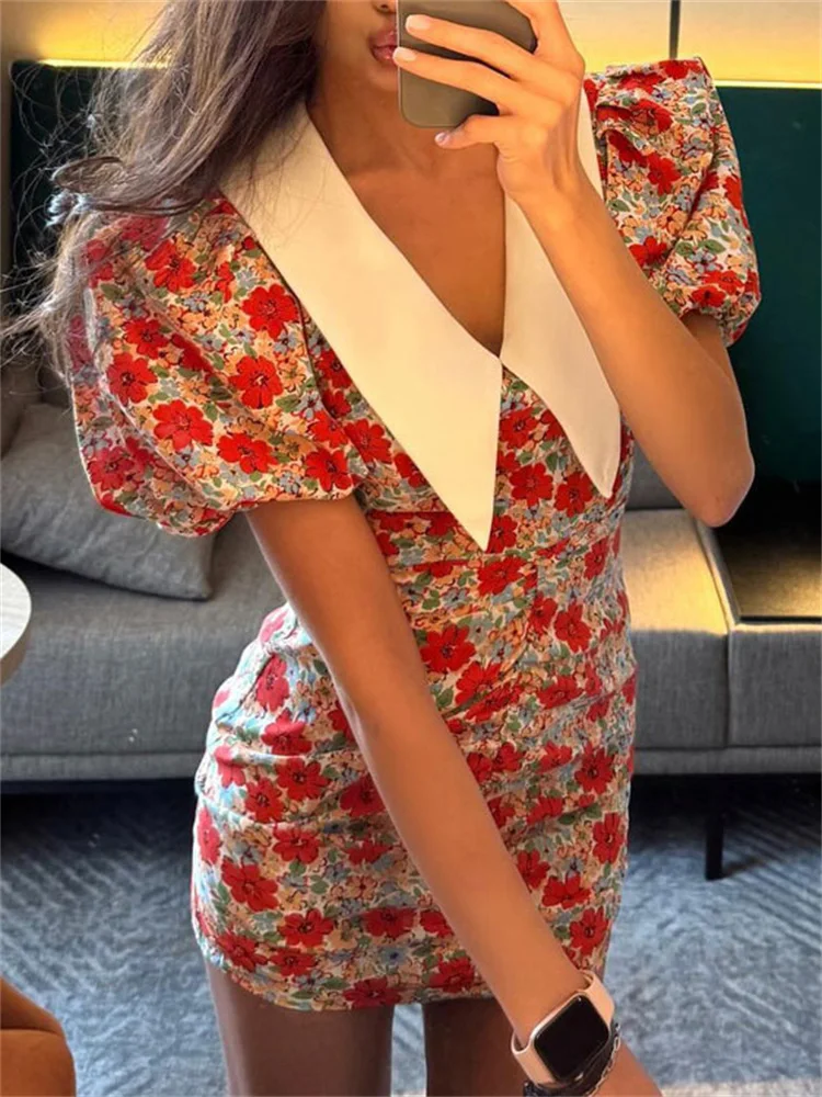 

Tossy Summer Printed Fashion Mini Dress For Women Patchwork Short Sleeve Contrast V-Neck Elegant Dress Female Bodycon Dress New