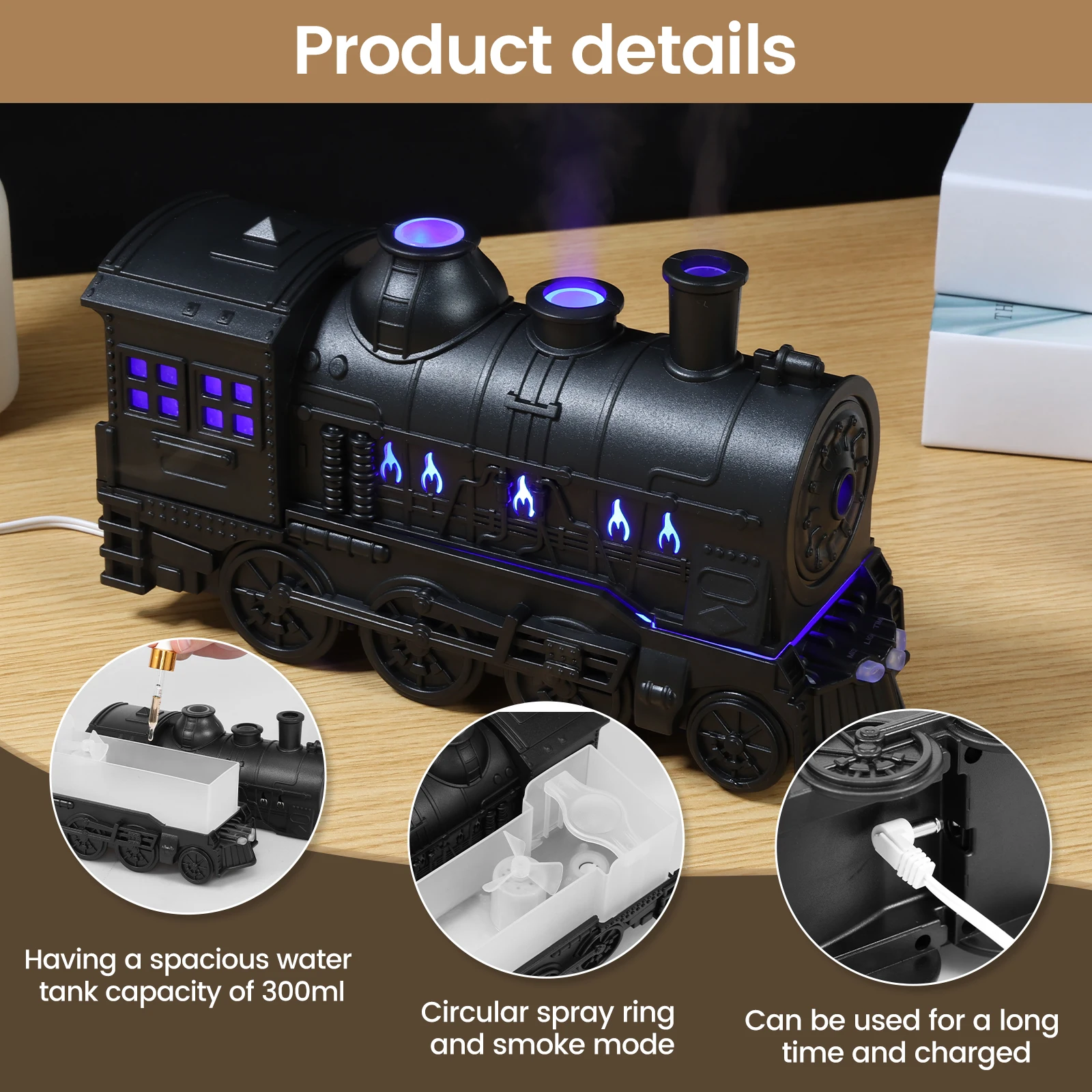 Steam Train Essential Oil Diffuser w/ Light 300ml Train Humidifier Diffuser Retro Train Humidifier Auto Off Steam Train Diffuser