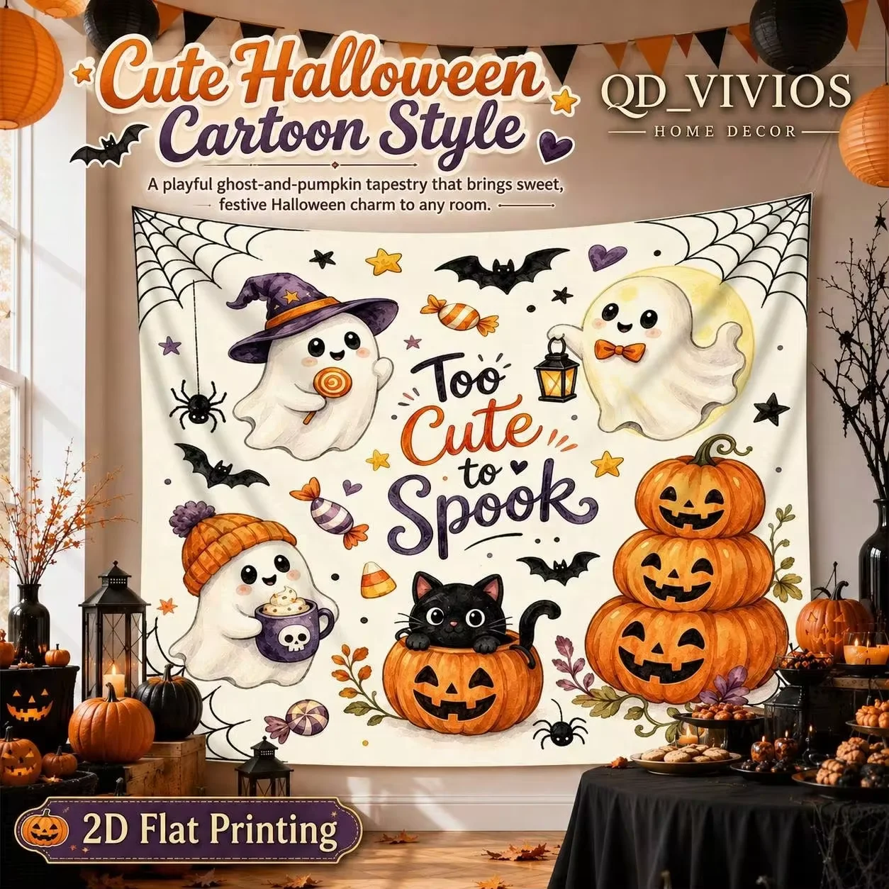 [2D Flat Print] 1pc Halloween Cute Ghost Pumpkin Bat Candy Pattern High Definition Digital Print Tapestry Comes With Hanging Cli