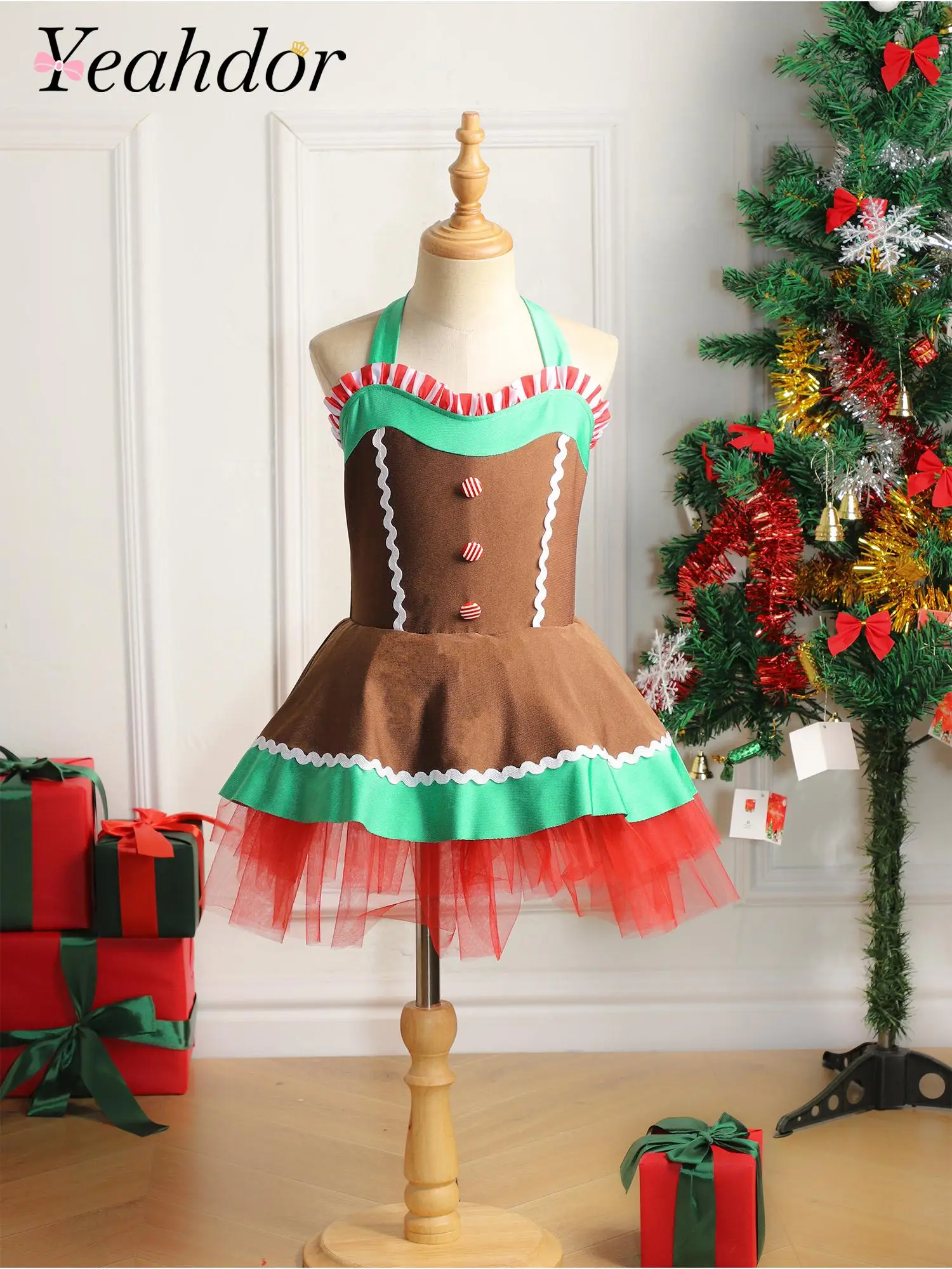 Kids Girls Gingerbread Man Costume Christmas Dress New Year Performance Ballet Tutu Dress for Cosplay Carnival Party Clothes