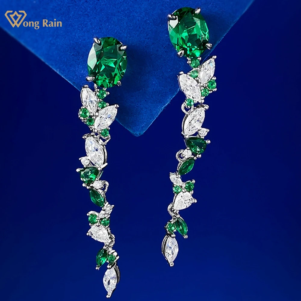 

Wong Rain Vintage Elegant 925 Sterling Silver Oval Cut 7*9 MM Emerald High Carbon Diamond Gems Drop Earrings for Women Jewelry