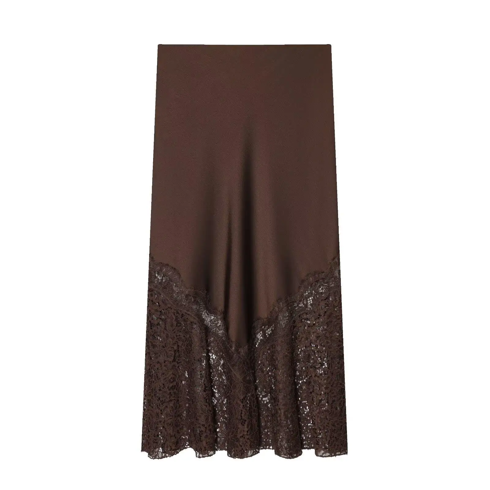 Silk Satin Lace Midi Skirt for Women Cross-Border mid Waist H-Shape Standard Fit Spring Season Polyester Fiber Other Process