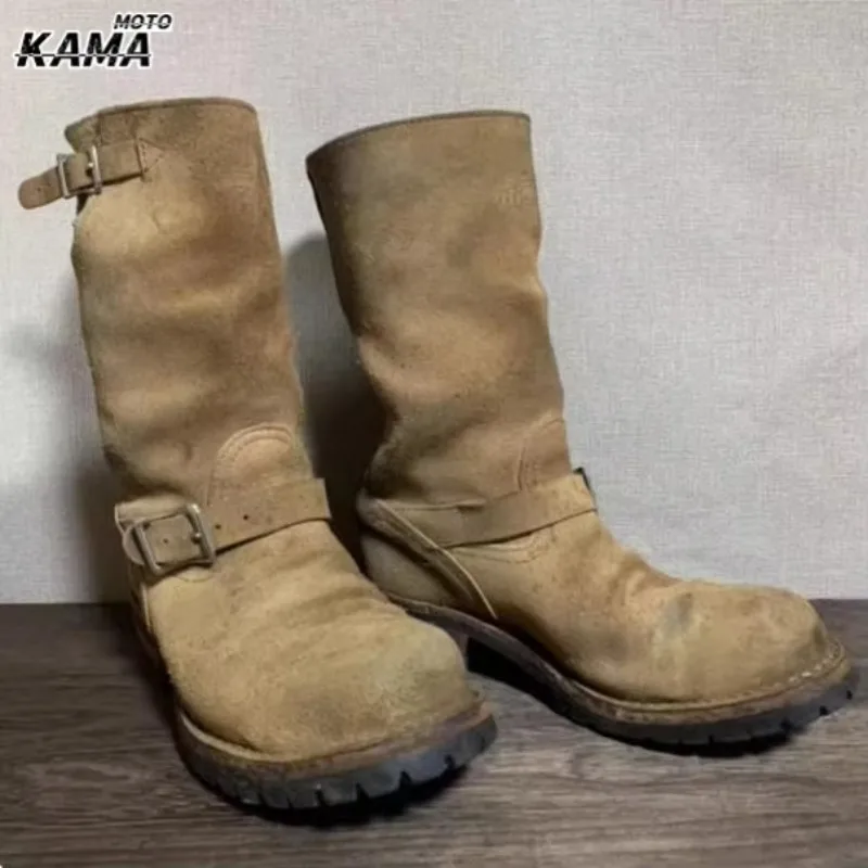 Handmade Vintage Velvet Khaki Work Boots Men's Mid-Calf Retro Thi Bot Belt Bule Motor Vehicle Engineering Boots