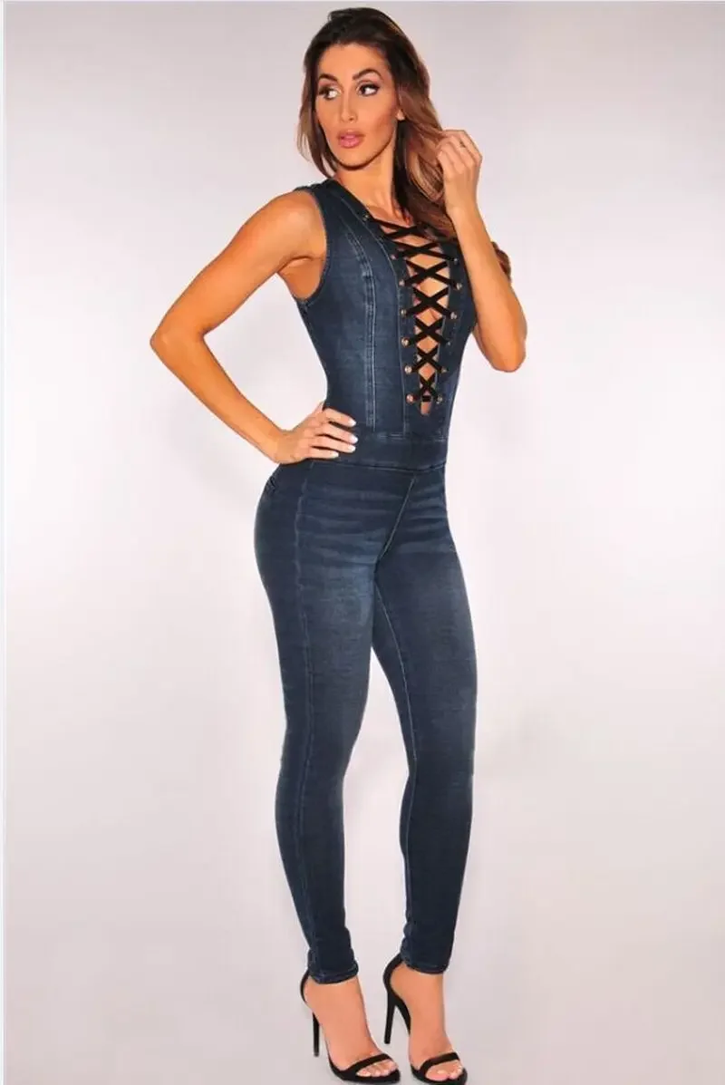 Baju monyet Denim seksi, jumpsuit Denim seksi, jeans kurus baru, jumpsuit bodycon tanpa lengan biru bertali biru seksi 2024