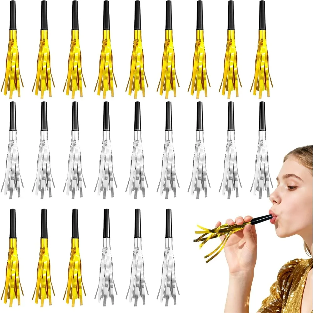 

24-Pack Gold and Silver Noise Makers | Elegant Glitter & Metallic Fringed Party Blowers for Adult Events – Birthday, Graduation