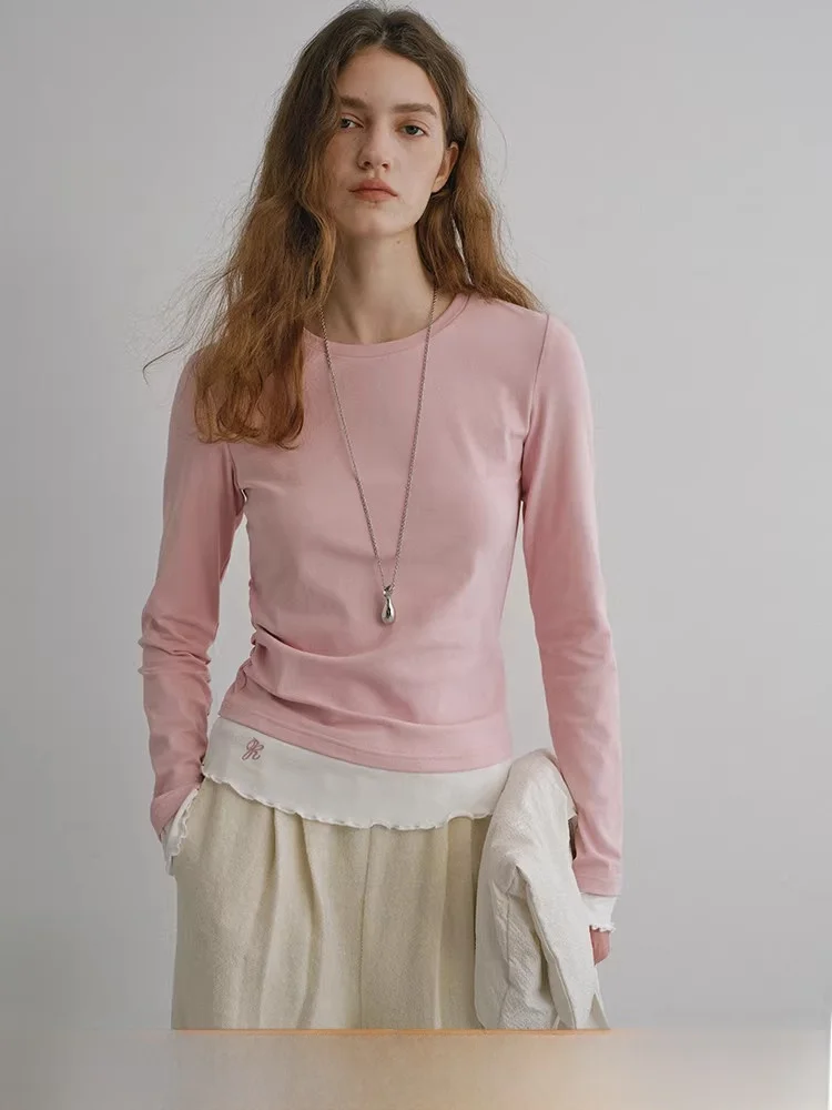 

Aun Casual Sle Long Sve Футболка приталенного кроя круглая Ne Dstring Gored Base irt Color Blo Wood ain Design