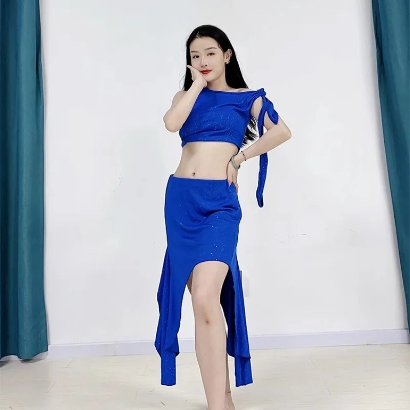 맞춤형 밸리 댄스 의상 라틴 실버 스레드 싱글 숄더 타이 조끼 불규칙한 중간 길이 허리 스커트 블랙 블루