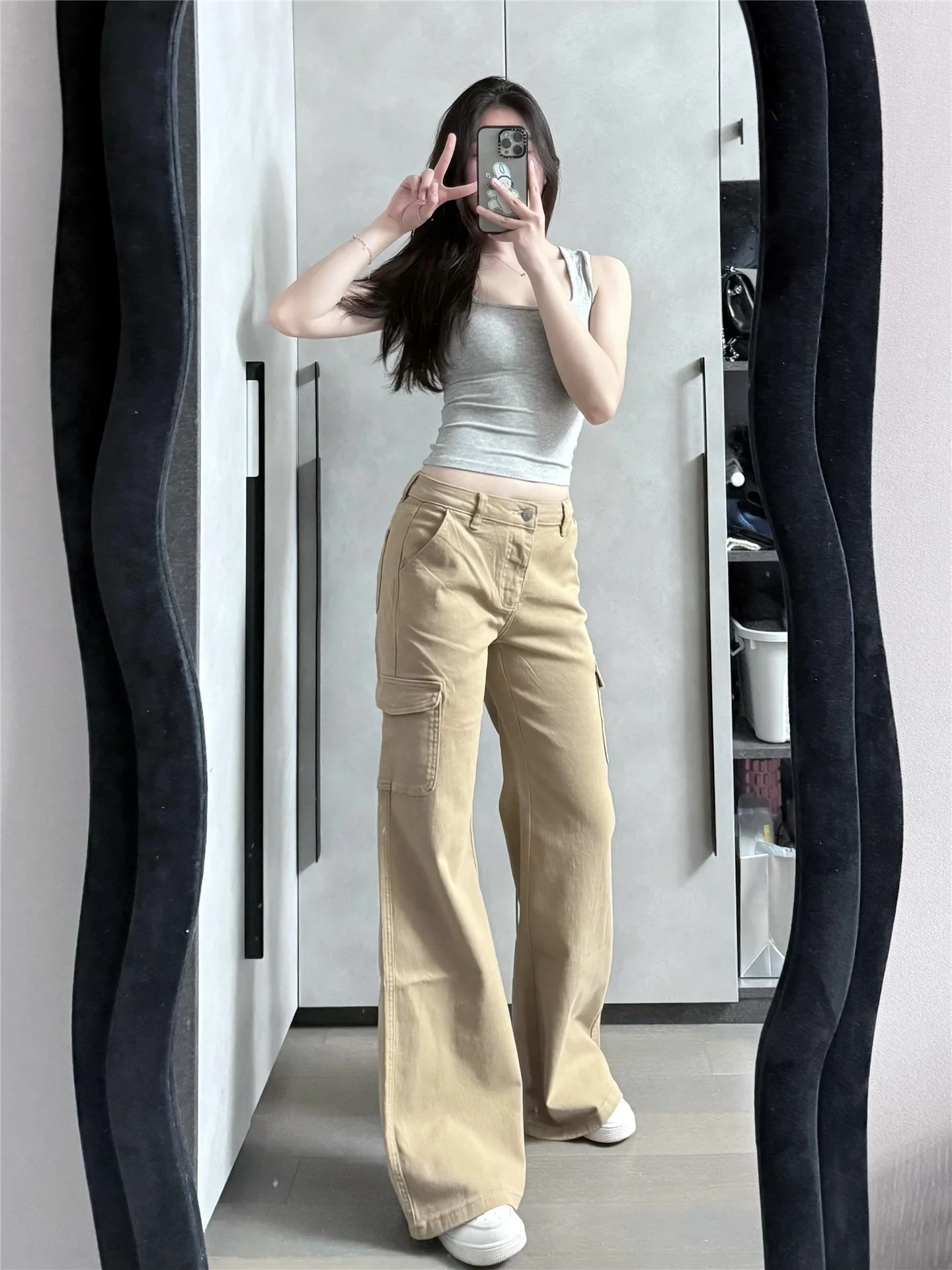 Low Waist Loose Fit Khaki Color Denim Pants Women's Spring Season Bell Bottom Casual Style Soft Cotton Material B Grade Safety