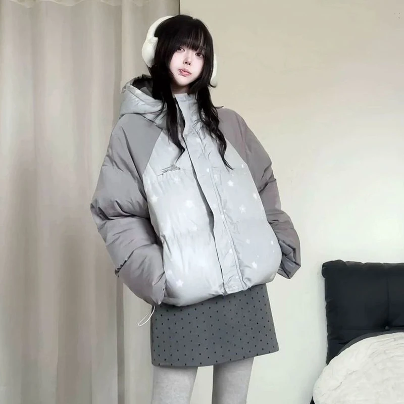 American Raglan Sleeve Parkas Winter Women Sweet Star Print Loose Hooded Warm Puffy Coats Y2K Color Block Streetwear Outwear New
