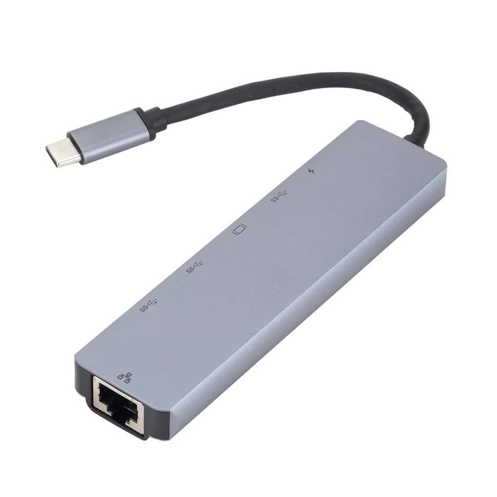 

6 in 1 Hub Type C to Gigabit Ethernet Lan Converter USB 3.1 Pd Charging Silver Light Grey Business Travel Adapter