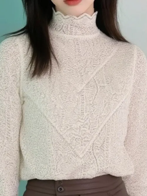

Blouses Women Elegant Lace-adorned Half-high Tailored French Refinement Solid Spring Autumn Poised Minimalist Graceful Style