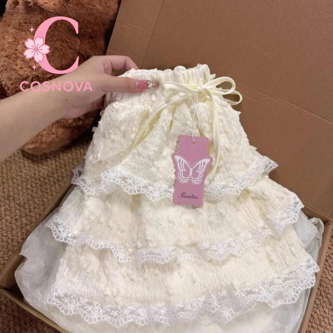 Mini jupe à volants en dentelle douce pour femmes, taille haute, bouffante élastique, courte, superposée douce, plissée, Style d'été mignon