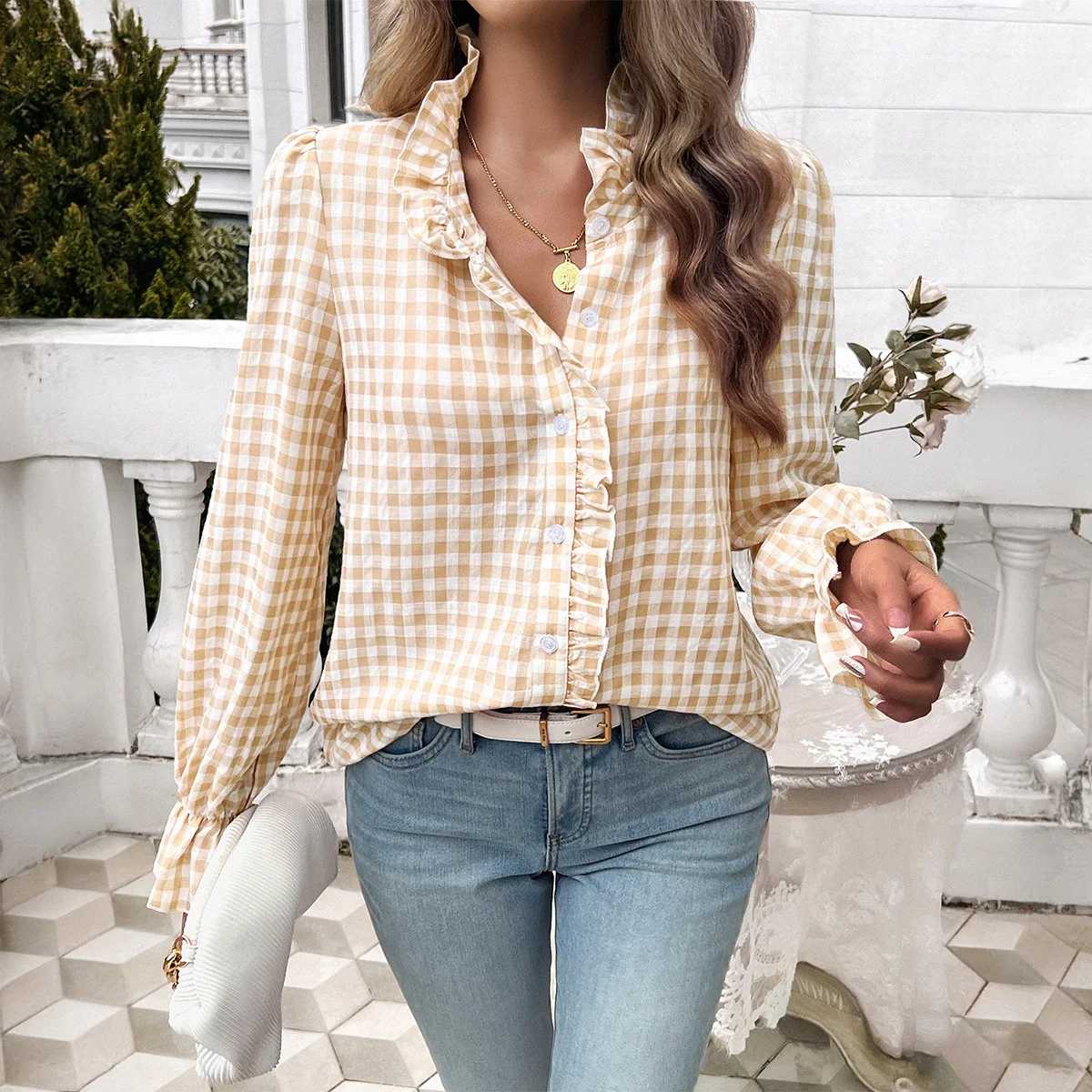 Hemd Frauen Vintage Top Bluse Plaid Druck Rüschen Einreiher Schmetterling Hülse Frühling Sommer Büro Dame 2025, Oberhemd
