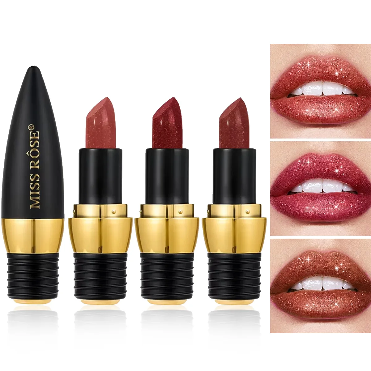 Rouge à lèvres velours scintillant noir, 3 couleurs, métal, imperméable, longue durée, diamant mat, cosmétiques pour femmes